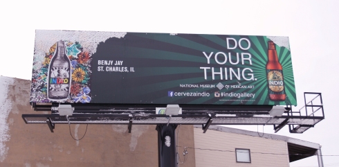 Benjy Jay's Indio Beer Billboard as seen in Chicago, IL at the intersection of Western and Grand